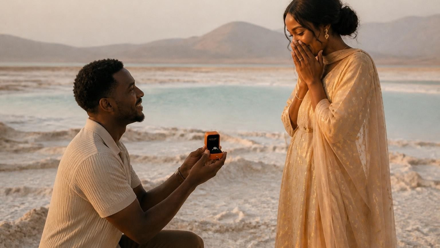 Marriage proposal in Djibouti with the Satéur Destinée Ring — salt flats of Lac Assal at golden hour