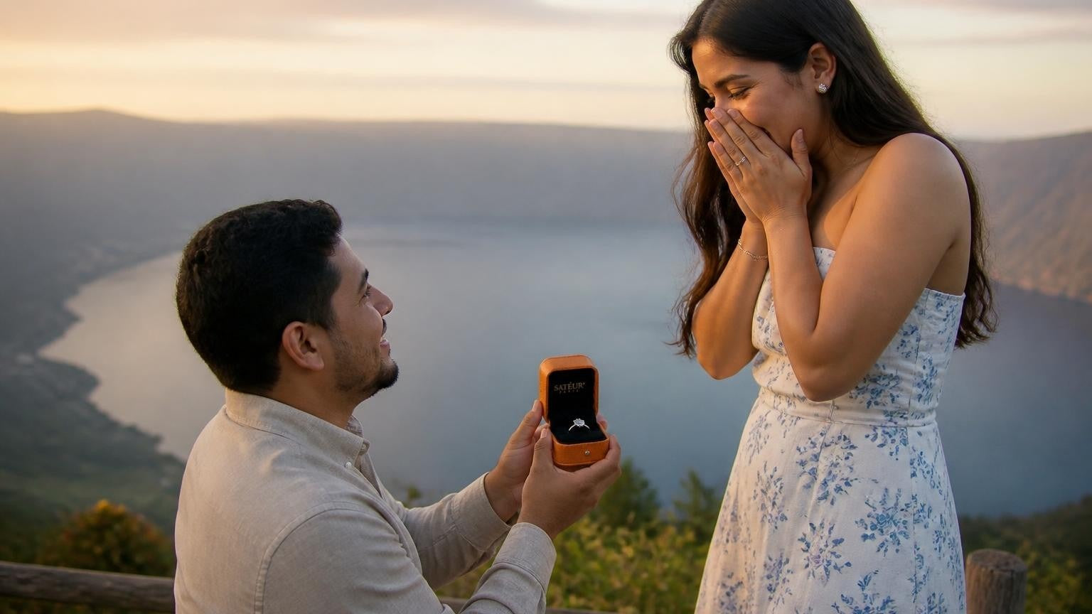 Marriage proposal in El Salvador with the Satéur Destinée Ring — sunset over Lago Coatepeque crater lake