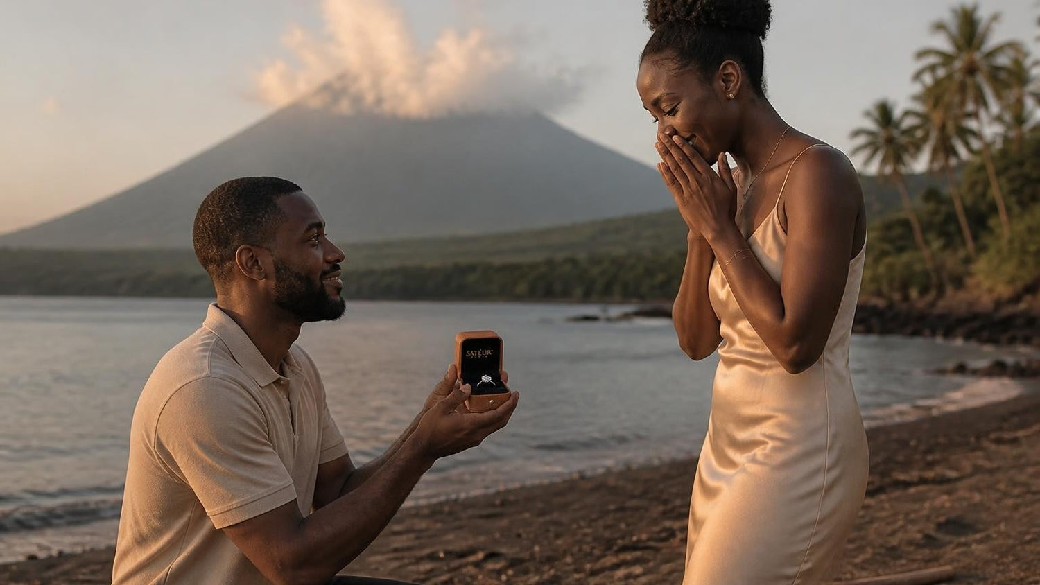 Marriage proposal in Equatorial Guinea with the Satéur Destinée Ring — sunrise on the summit of Pico Basile above Bioko Island
