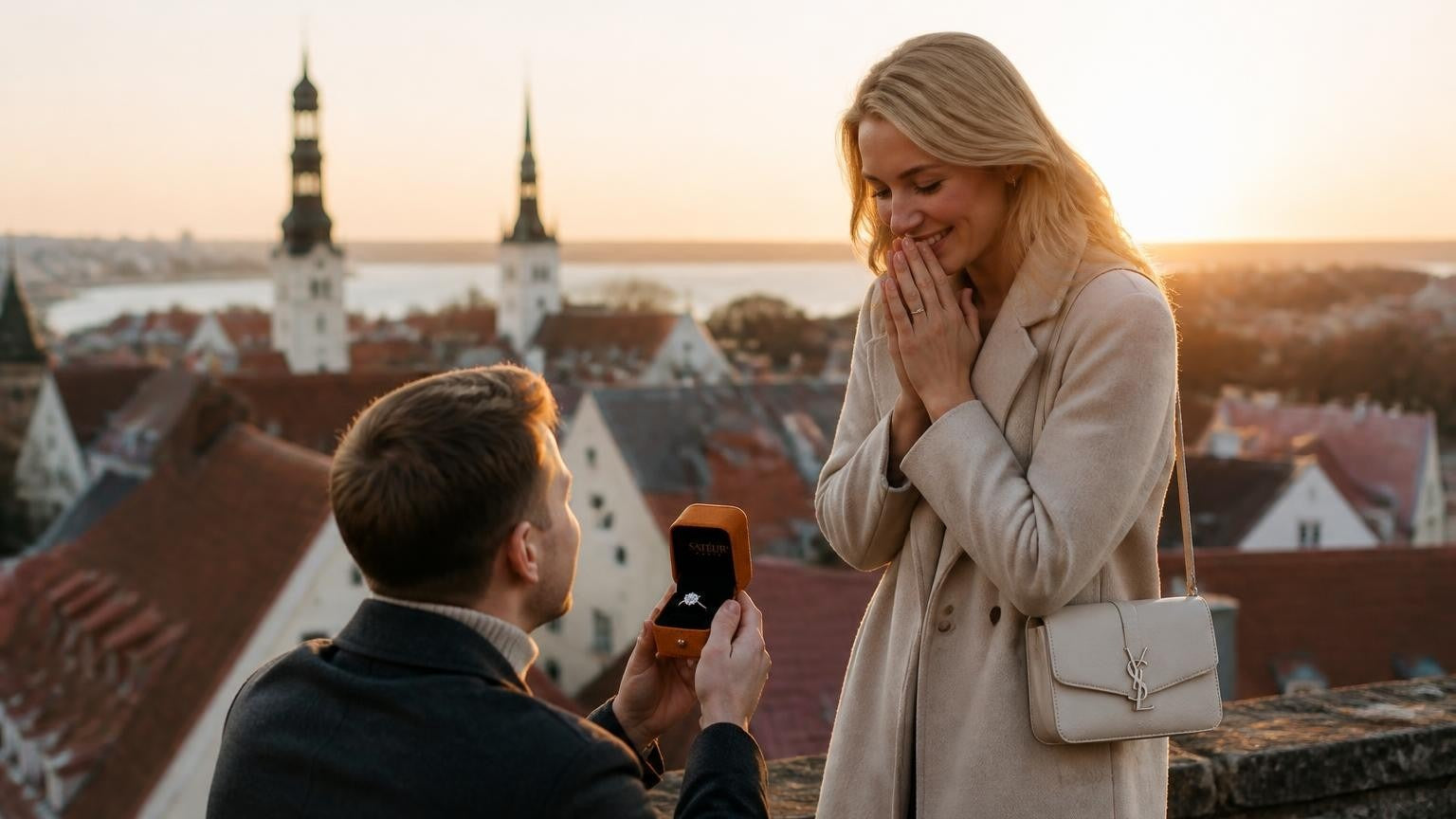 Marriage proposal in Estonia with the Satéur Destinée Ring — Tallinn Old Town at sunset
