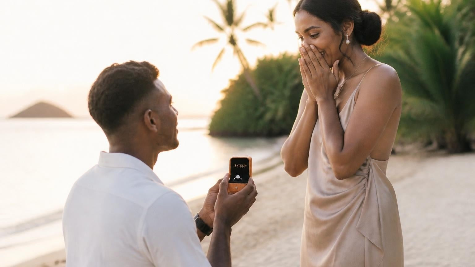 Marriage proposal in Fiji with the Satéur Destinée Ring — a couple on a Mamanuca Islands beach at sunrise