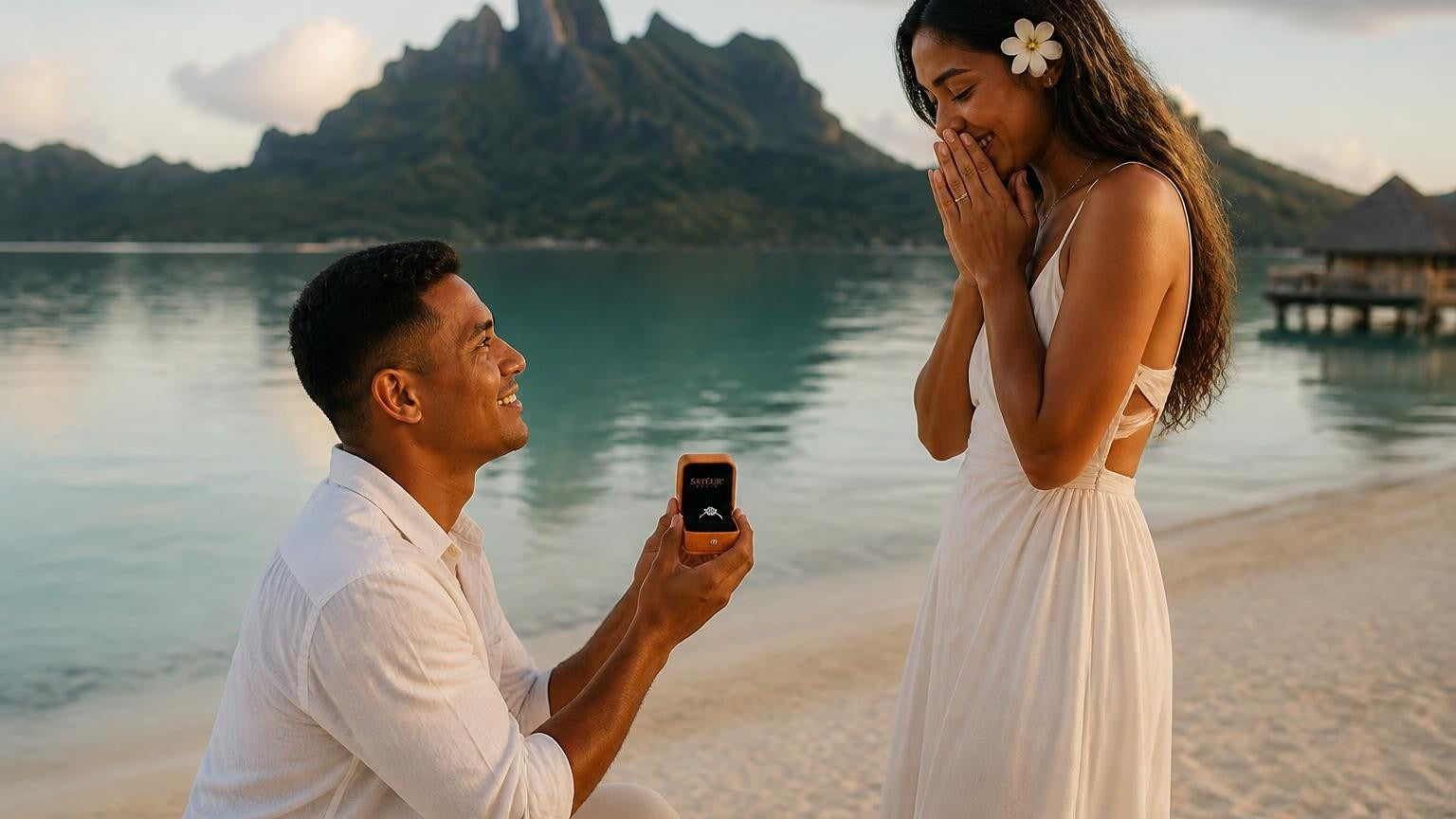 Marriage proposal in French Polynesia with the Satéur Destinée Ring — couple on a Bora Bora overwater deck at sunrise