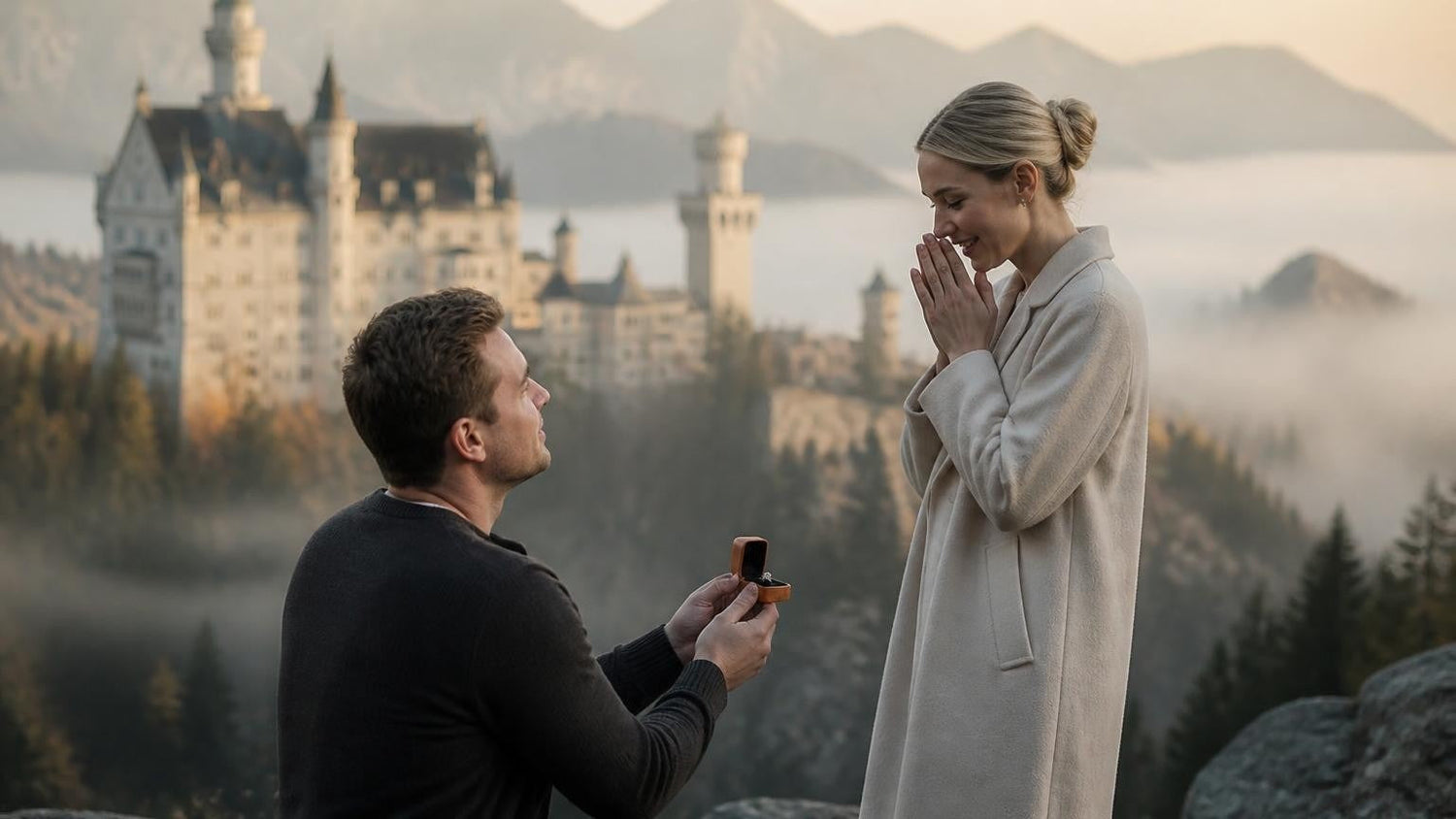 Marriage proposal in Germany with the Satéur Destinée Ring — Neuschwanstein Castle at morning mist