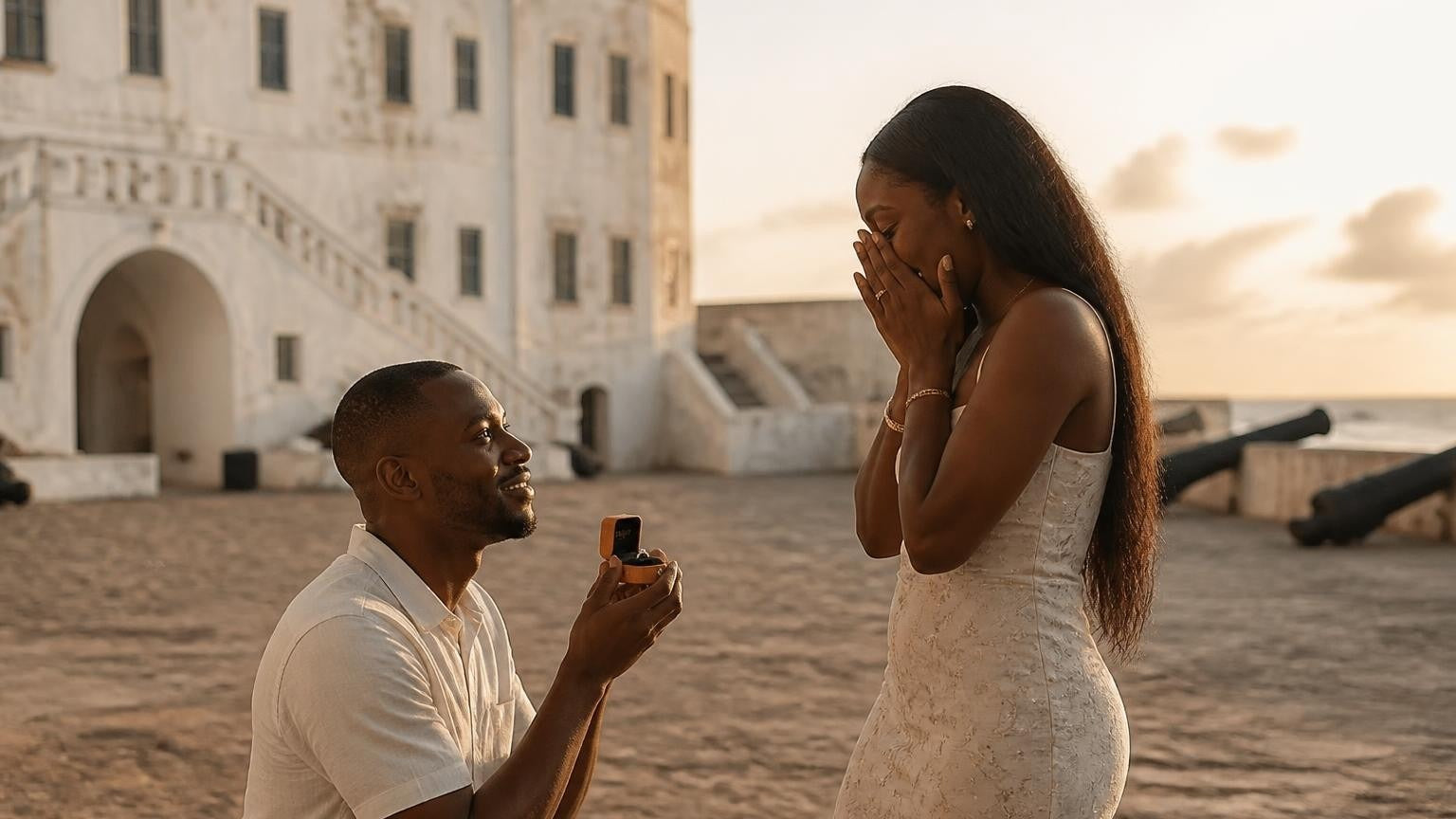 Marriage proposal in Ghana with the Satéur Destinée Ring — golden-hour moment at Cape Coast Castle