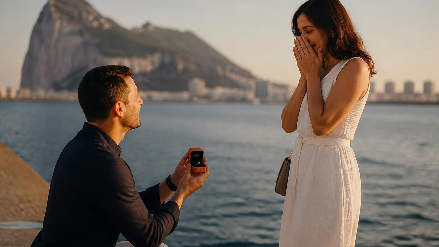 Marriage proposal in Gibraltar with the Satéur Destinée Ring — sunrise atop the Rock above the Strait