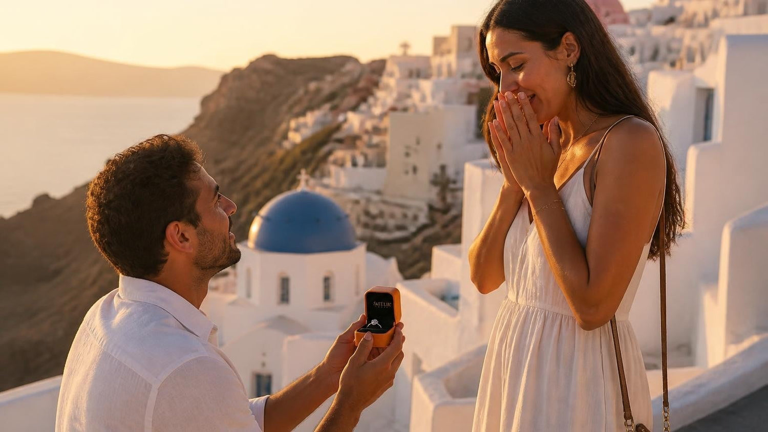 Marriage proposal in Greece with the Satéur Destinée Ring — a couple on the caldera rim at Oia, Santorini, at golden hour