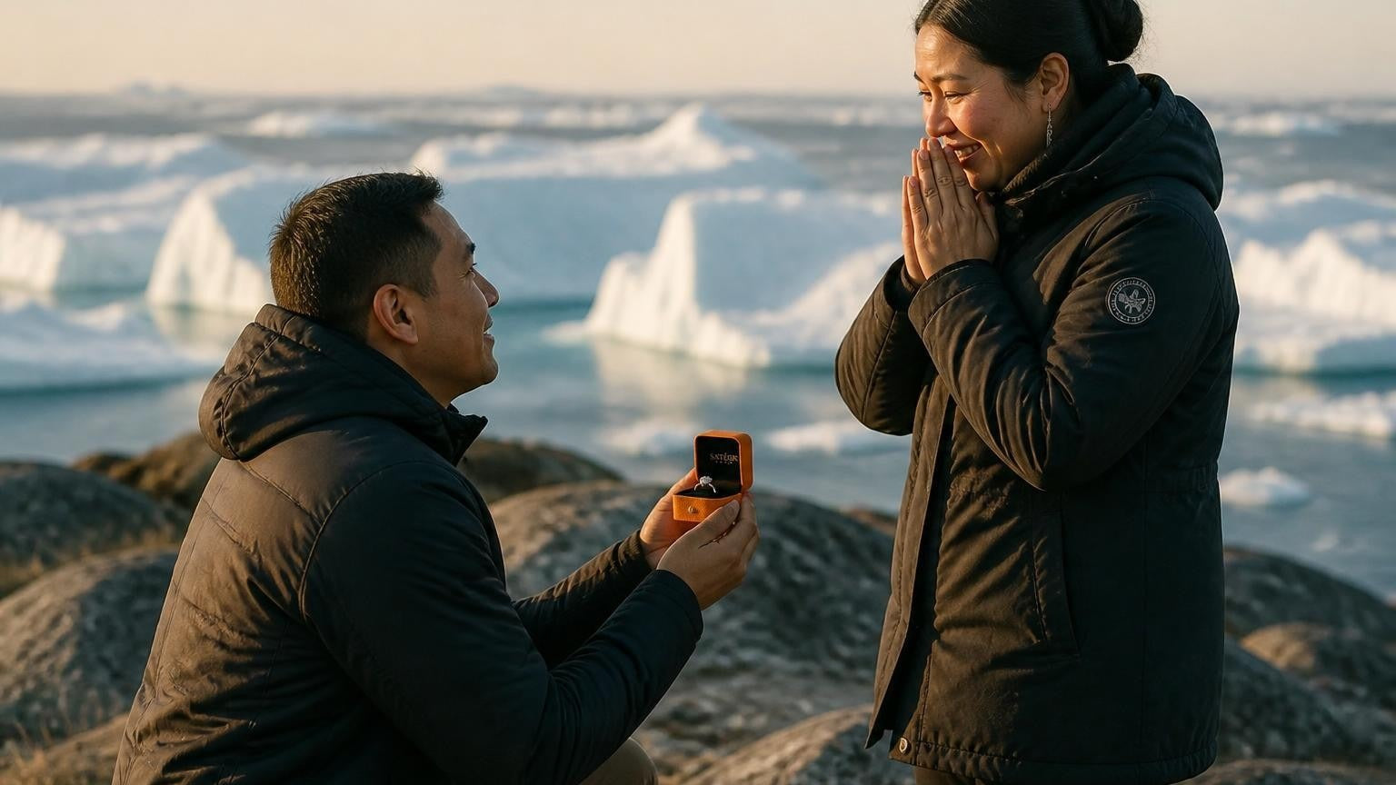 Marriage proposal in Greenland with the Satéur Destinée Ring — couple at the Ilulissat Icefjord under the Northern Lights
