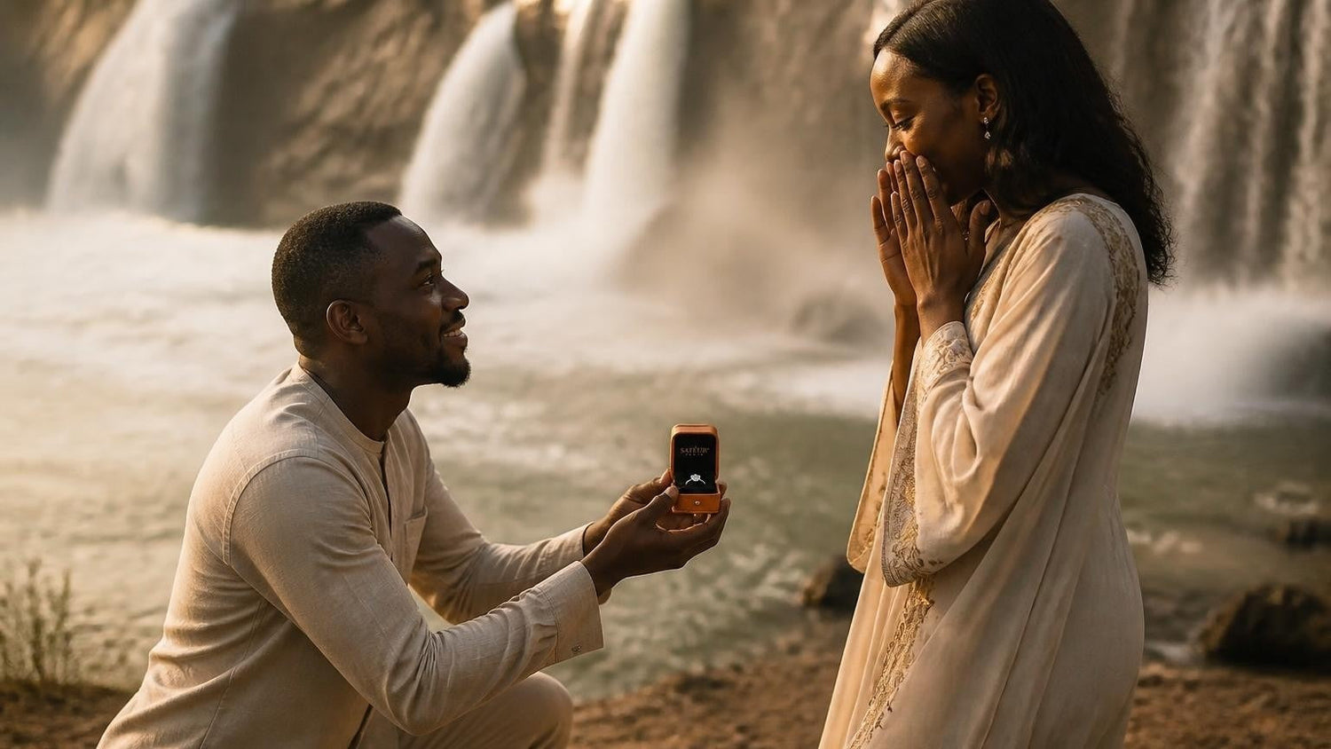 Marriage proposal in Guinea with the Satéur Destinée Ring — couple at the Chutes de la Sala waterfalls near Kindia