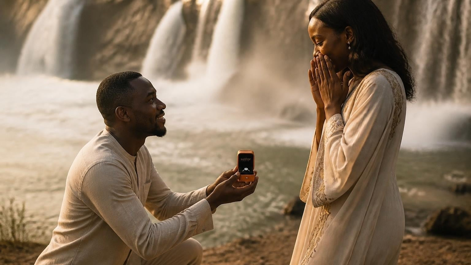 Marriage proposal in Guinea with the Satéur Destinée Ring — couple at the Chutes de la Sala waterfalls near Kindia