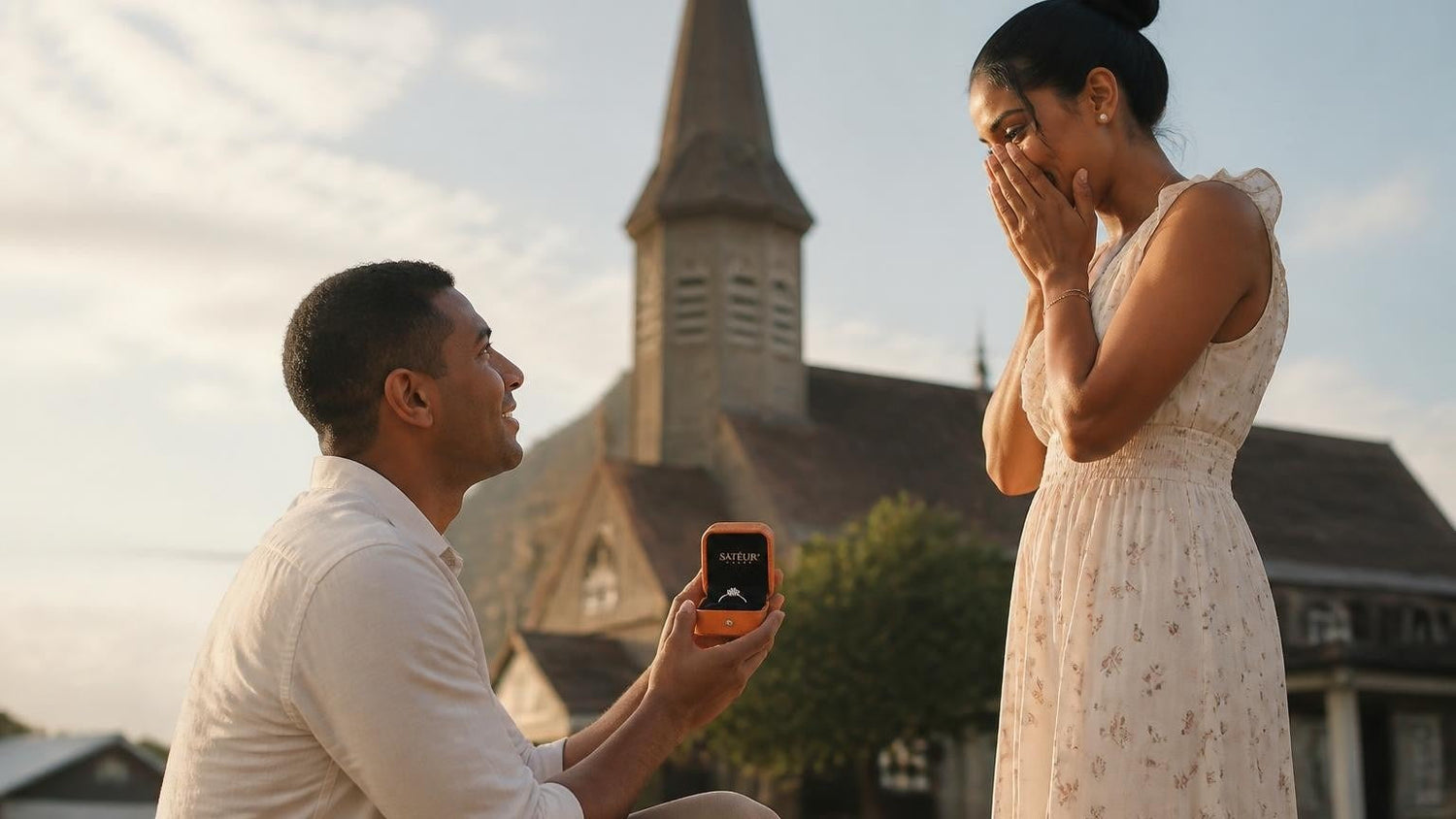 Marriage proposal in Guyana with the Satéur Destinée Ring — couple at St. George's Cathedral, Georgetown