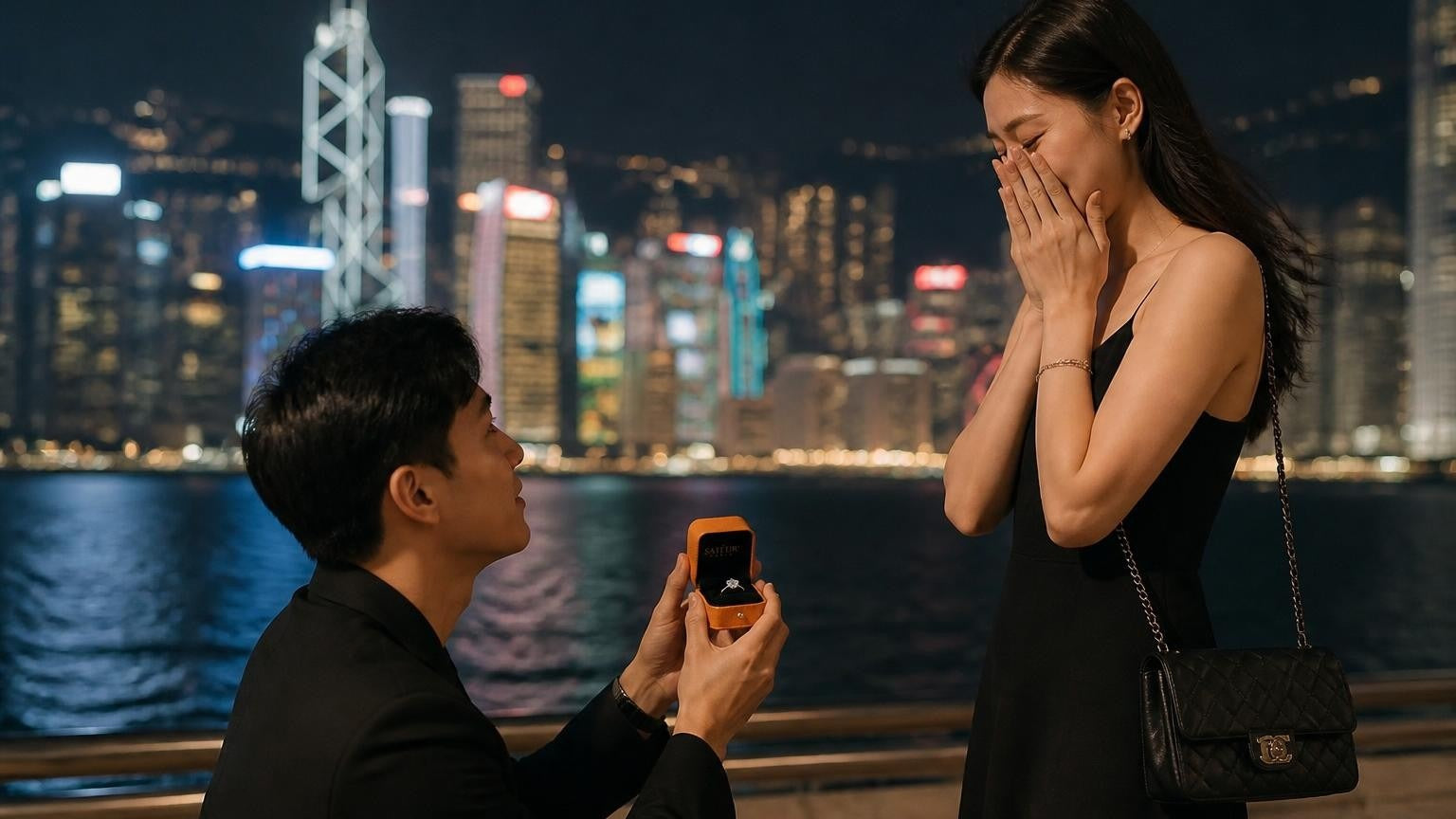 Marriage proposal in Hong Kong with the Satéur Destinée Ring — Victoria Harbour skyline at night
