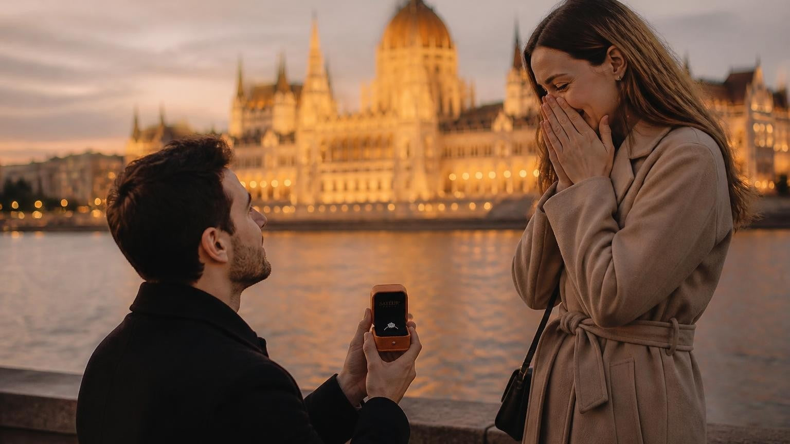 Marriage proposal in Hungary with the Satéur Destinée Ring — the Hungarian Parliament on the Danube at golden hour