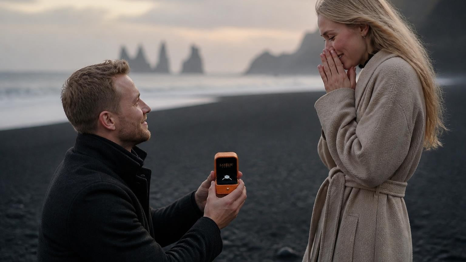 Marriage proposal in Iceland with the Satéur Destinée Ring — black-sand beach at Reynisfjara at dusk