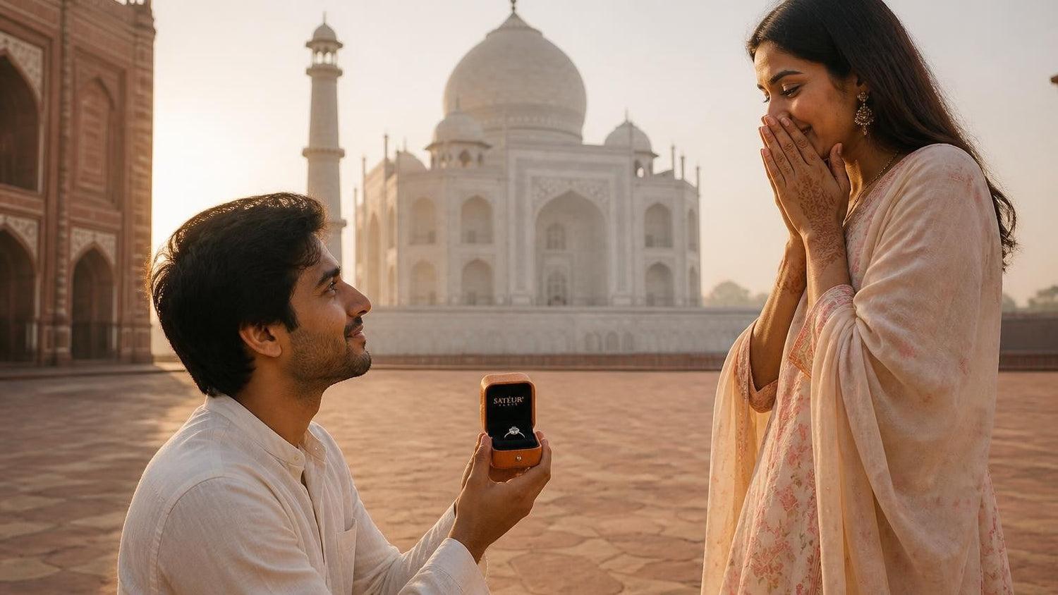 Marriage proposal in India with the Satéur Destinée Ring — sunrise at the Taj Mahal in Agra