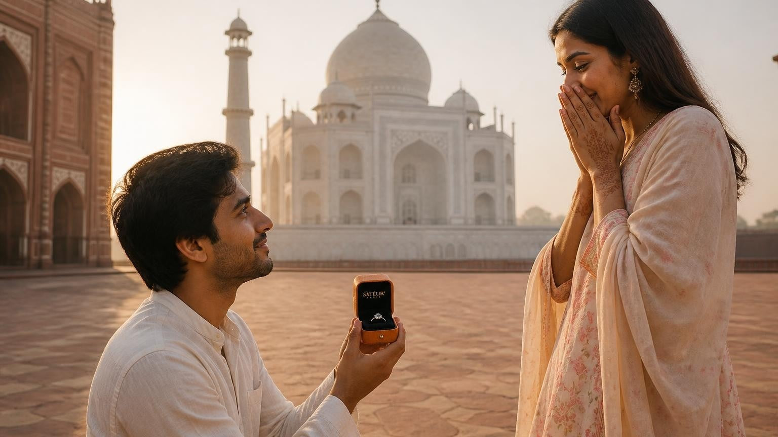 Marriage proposal in India with the Satéur Destinée Ring — sunrise at the Taj Mahal in Agra