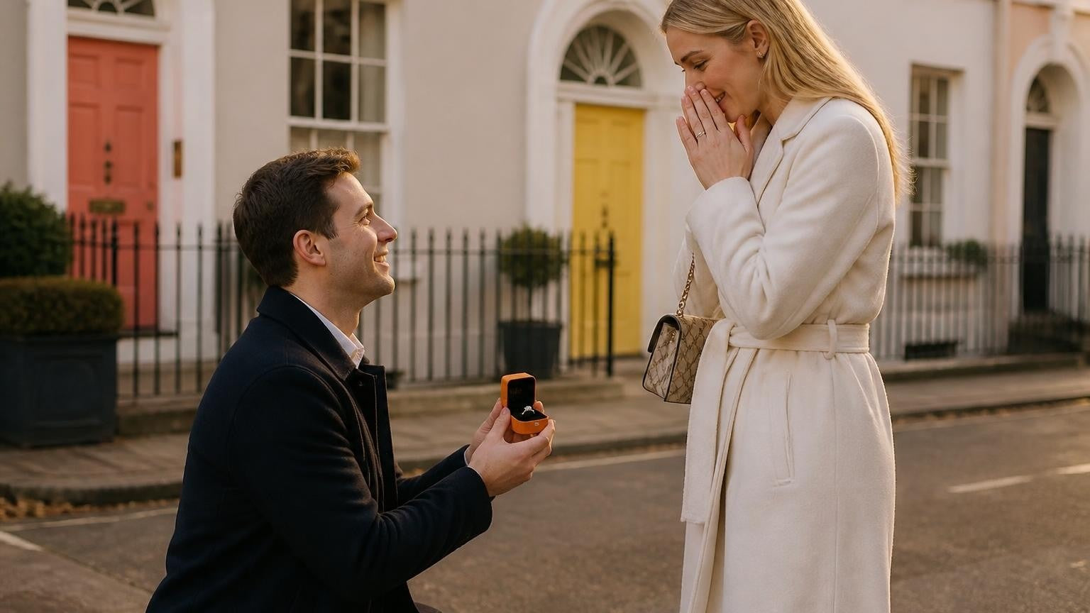 Marriage proposal in Ireland with the Satéur Destinée Ring — a couple at the Cliffs of Moher at dusk