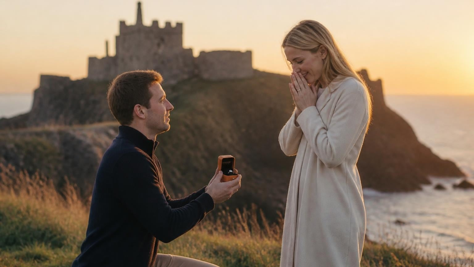 Marriage proposal on the Isle of Man with the Satéur Destinée Ring — couple beside Peel Castle at sunset over the Irish Sea