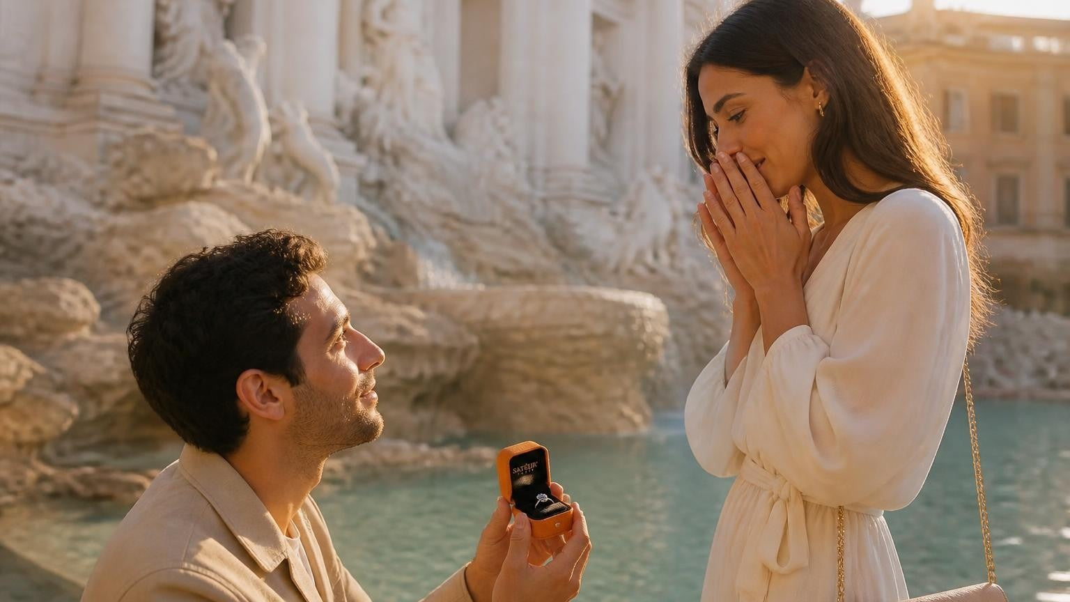 Marriage proposal in Italy with the Satéur Destinée Ring — couple on an Amalfi Coast cliff terrace at golden hour