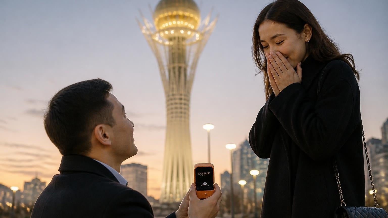 Marriage proposal in Kazakhstan with the Satéur Destinée Ring — Kok-Tobe Hill at dusk above Almaty