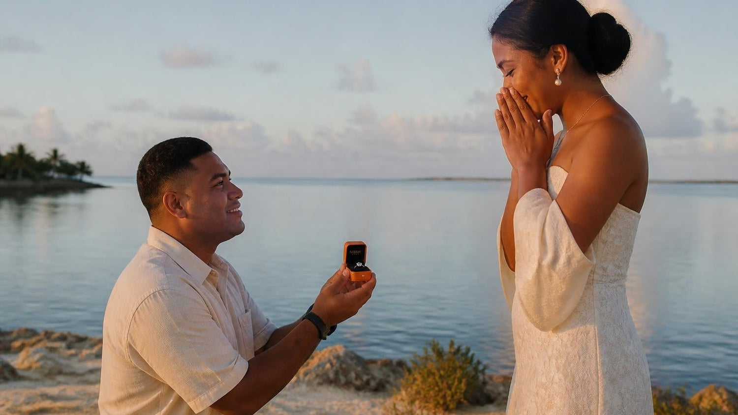 Marriage proposal in Kiribati with the Satéur Destinée Ring — sunset over Tarawa lagoon
