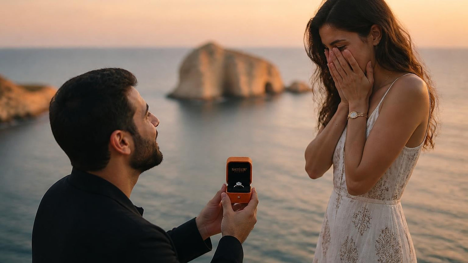 Marriage proposal in Lebanon with the Satéur Destinée Ring — golden hour at Pigeon Rocks, Raouché, Beirut