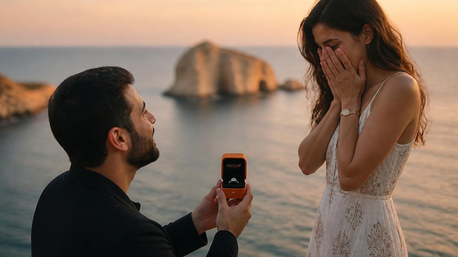 Marriage proposal in Lebanon with the Satéur Destinée Ring — golden hour at Pigeon Rocks, Raouché, Beirut