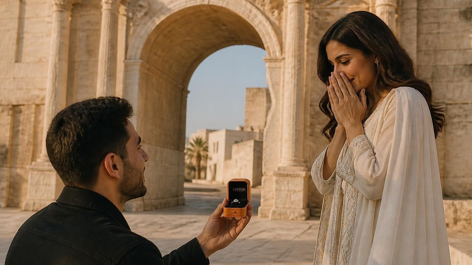Marriage proposal in Libya with the Satéur Destinée Ring — at the Arch of Marcus Aurelius in Tripoli's Old City