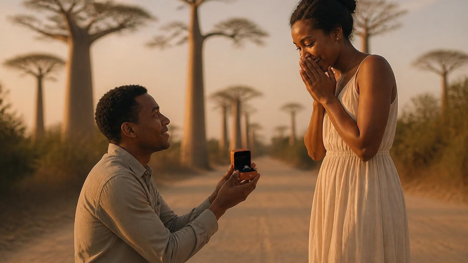 Marriage proposal in Madagascar with the Satéur Destinée Ring — sunrise at the Avenue of the Baobabs near Morondava