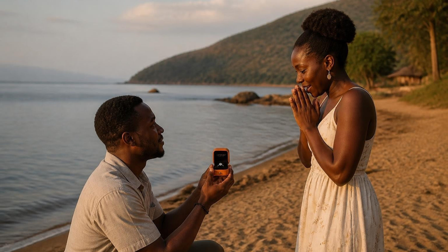 Marriage proposal in Malawi with the Satéur Destinée Ring — sunset on the shore of Lake Malawi