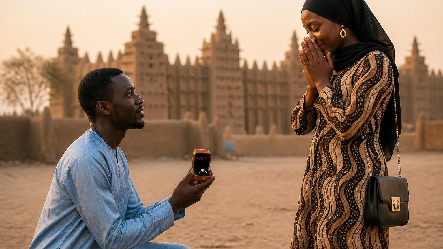 Marriage proposal in Mali with the Satéur Destinée Ring — sunset at the Grande Mosquée de Djenné