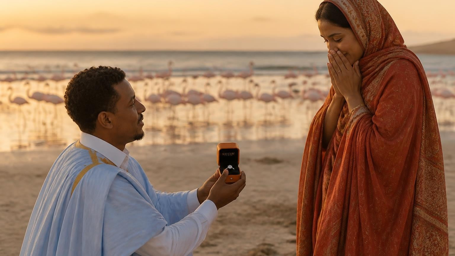 Marriage proposal in Mauritania with the Satéur Destinée Ring — sunrise over the dunes near Chinguetti in the Adrar