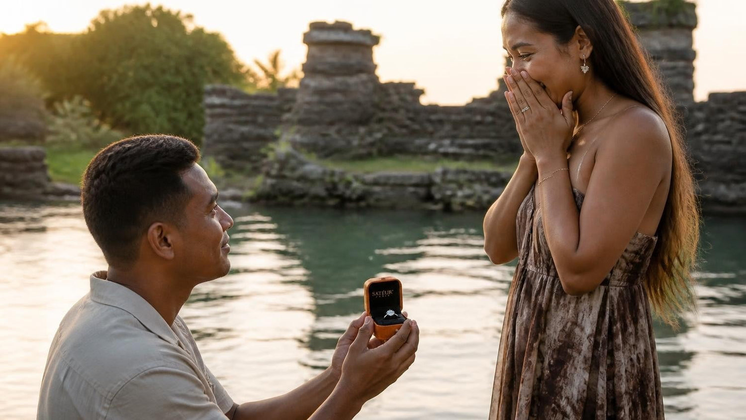 Marriage proposal in Micronesia with the Satéur Destinée Ring — couple at the Nan Madol stone ruins on Pohnpei lagoon