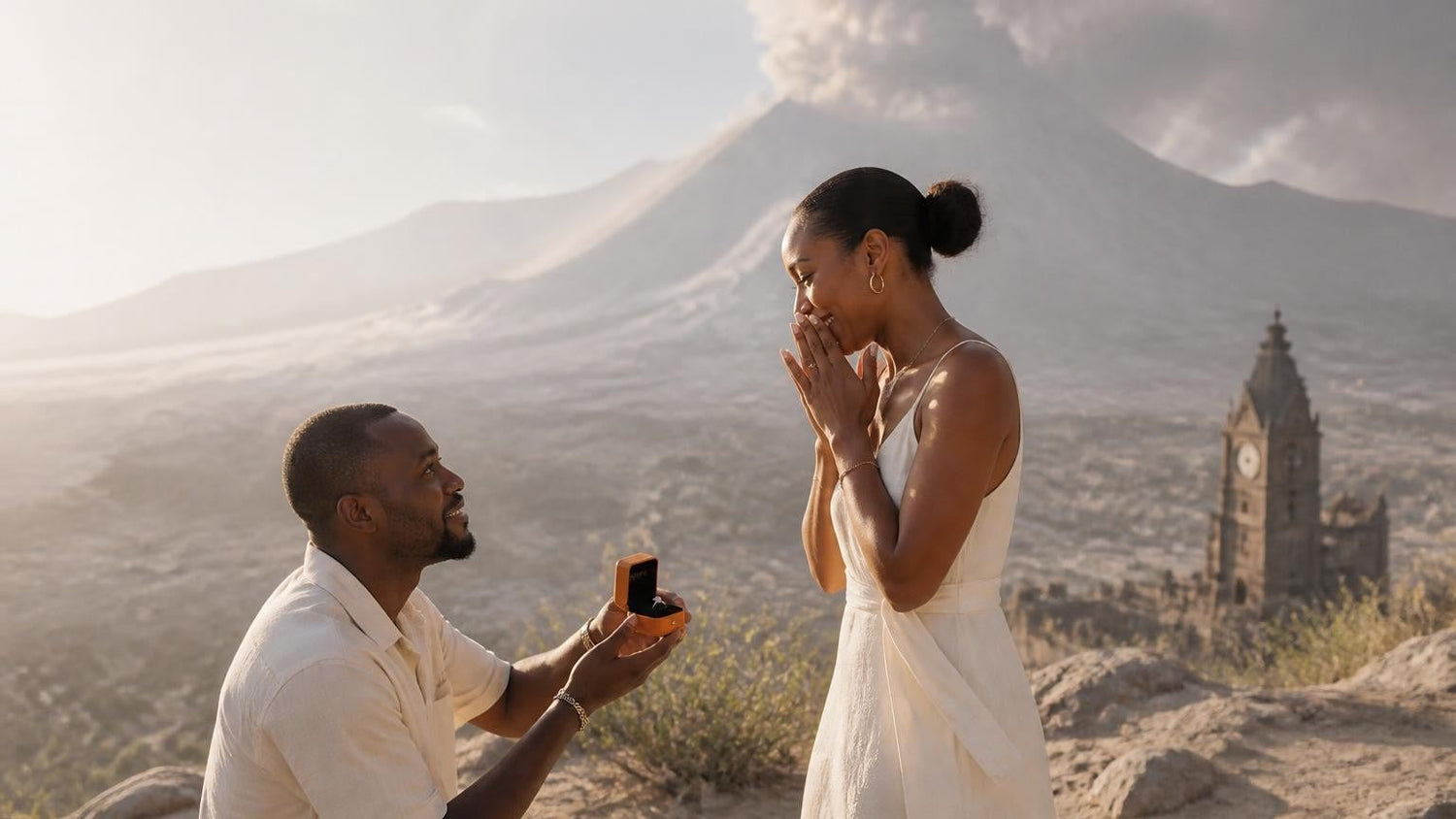 Marriage proposal in Montserrat with the Satéur Destinée Ring — couple above the Soufrière Hills with Rendezvous Bay below
