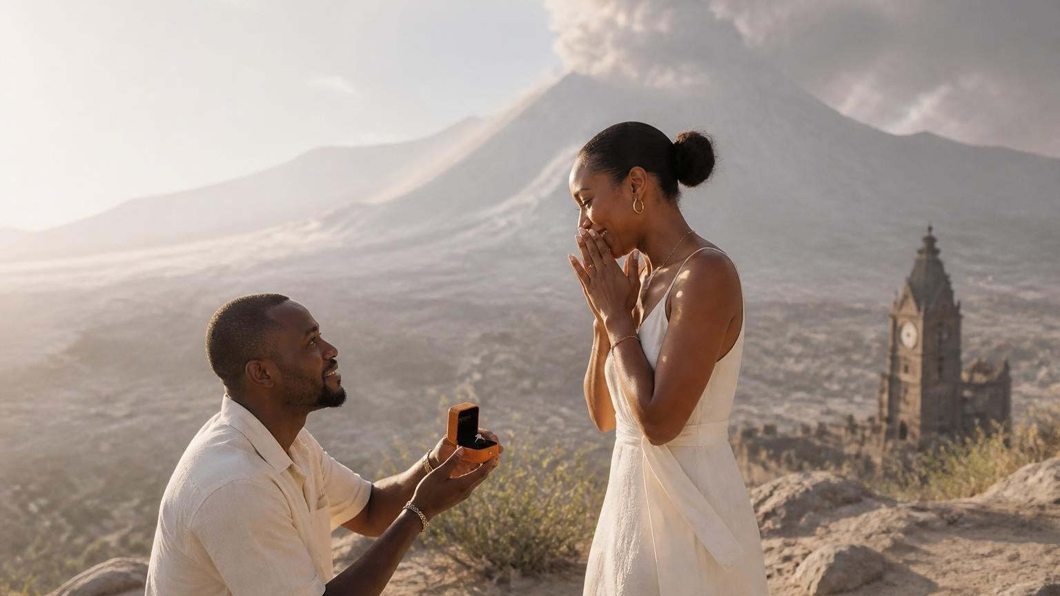 Marriage proposal in Montserrat with the Satéur Destinée Ring — couple above the Soufrière Hills with Rendezvous Bay below