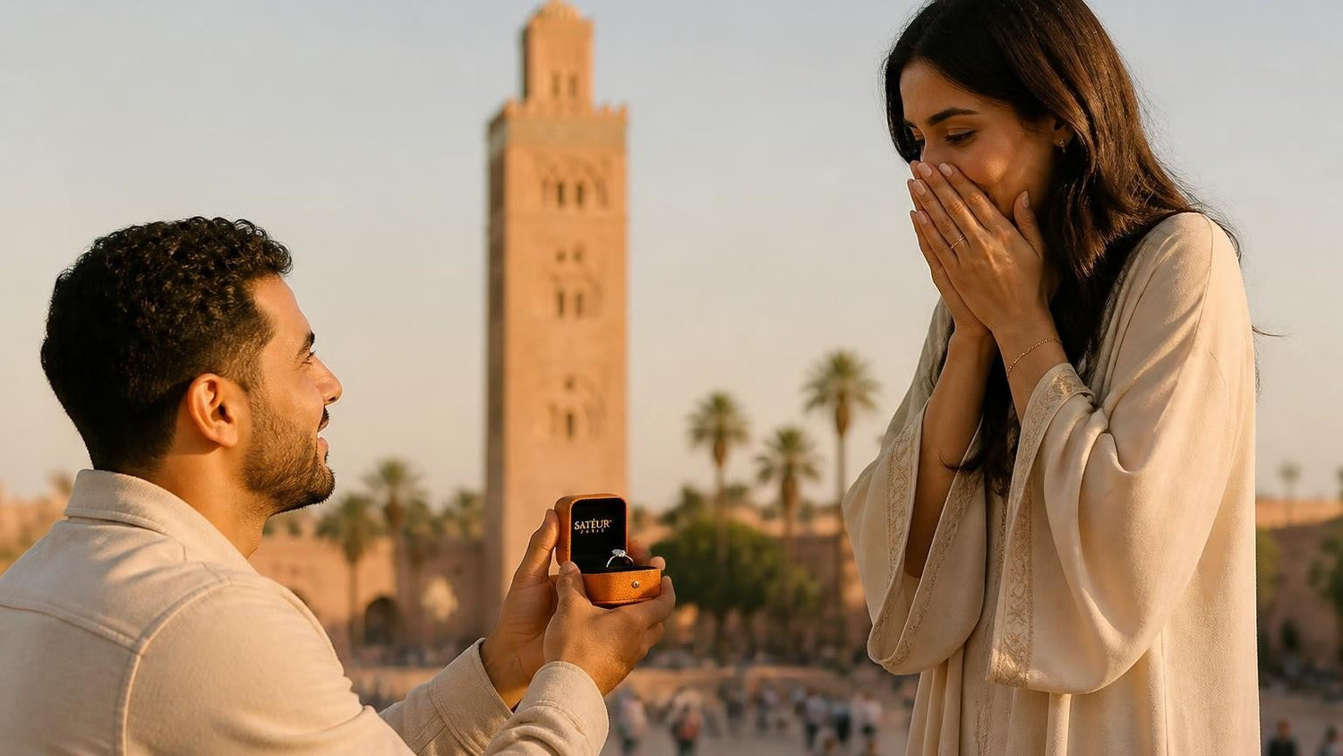 Marriage proposal in Morocco with the Satéur Destinée Ring — golden hour at the Koutoubia Mosque tower in Marrakech