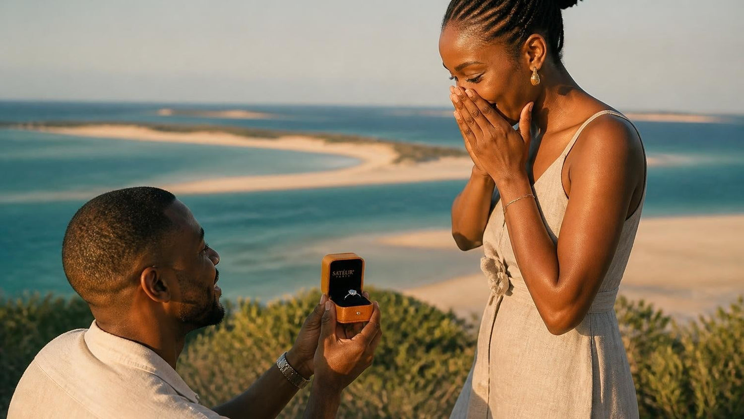 Marriage proposal in Mozambique with the Satéur Destinée Ring — sunrise on a Bazaruto sandbank