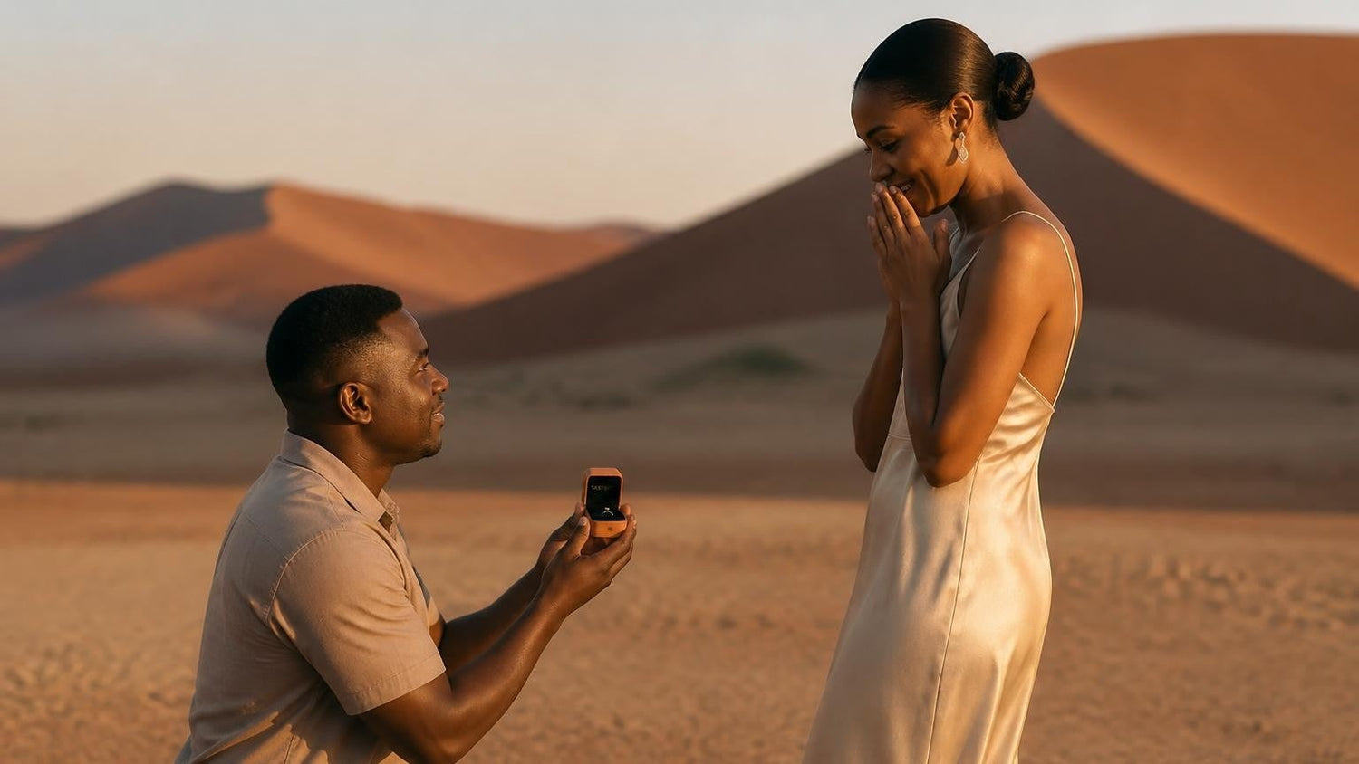 Marriage proposal in Namibia with the Satéur Destinée Ring — dawn on the red dunes of Sossusvlei in the Namib Desert