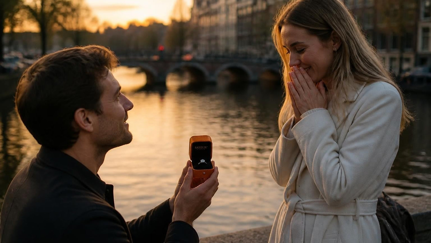 Marriage proposal in the Netherlands with the Satéur Destinée Ring — golden-hour canal moment in Amsterdam