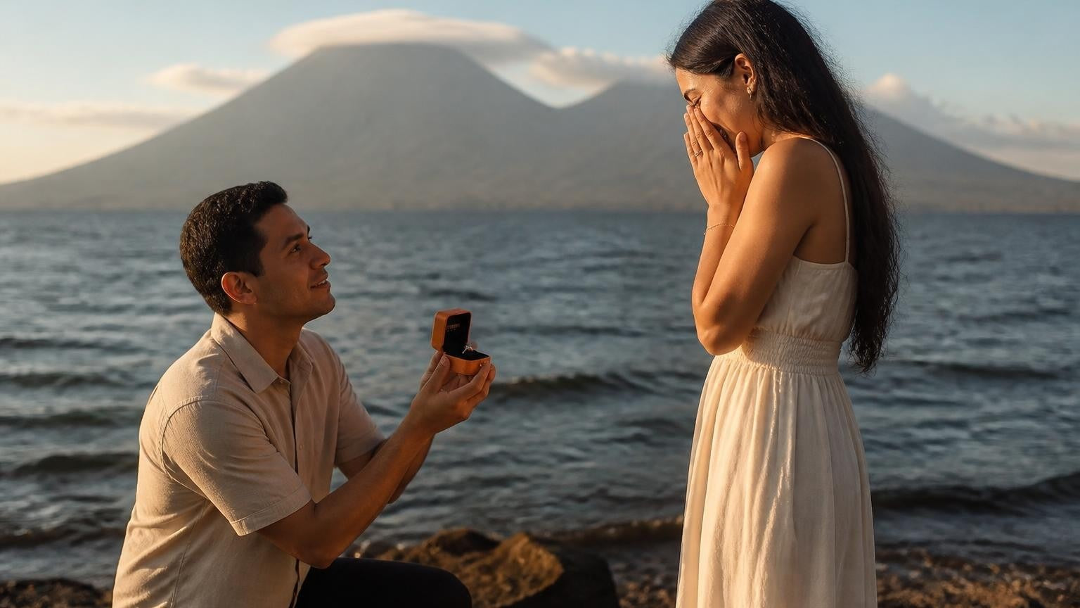 Marriage proposal in Nicaragua with the Satéur Destinée Ring — sunrise over the twin volcanoes of Isla Ometepe on Lake Nicaragua