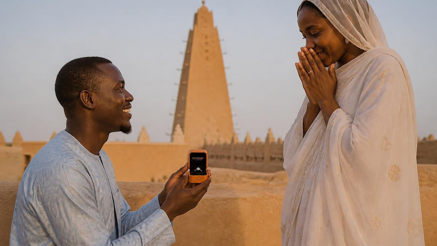Marriage proposal in Niger with the Satéur Destinée Ring — sunset over the Aïr Mountains near Agadez