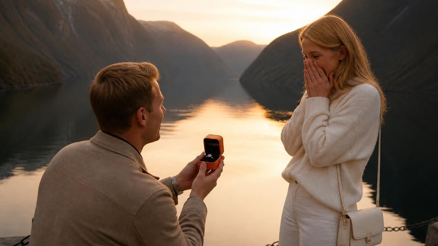 Marriage proposal in Norway with the Satéur Destinée Ring — clifftop at Preikestolen above the Lysefjord