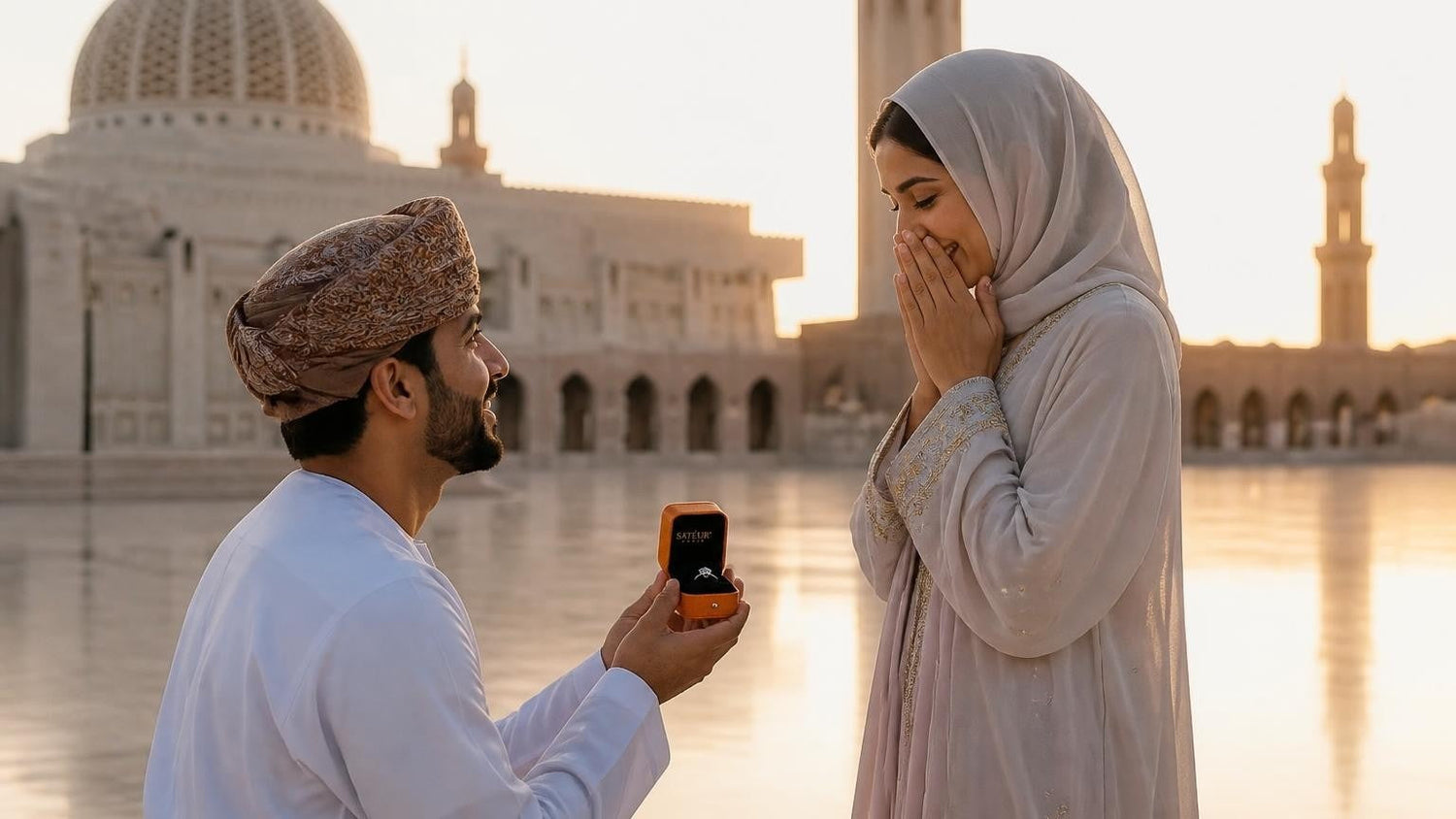 Marriage proposal in Oman with the Satéur Destinée Ring — dawn light at the Sultan Qaboos Grand Mosque