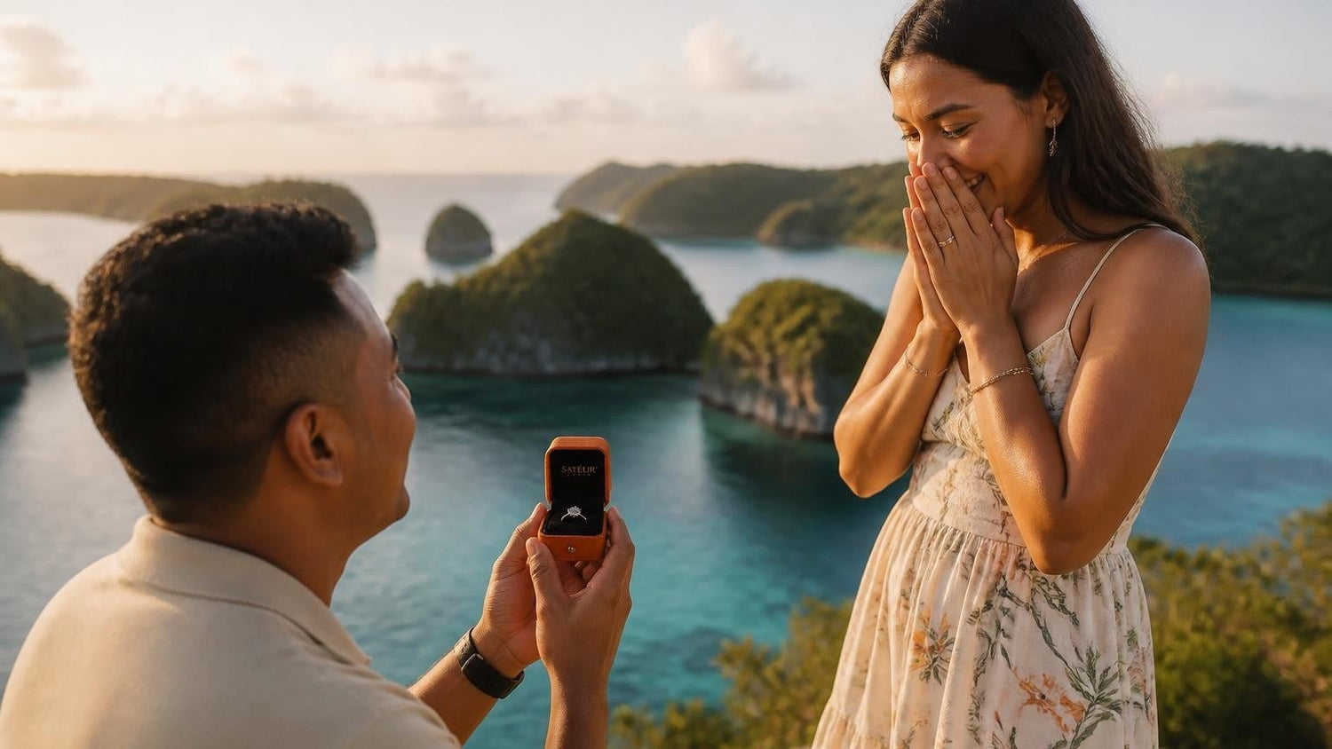 Marriage proposal in Palau with the Satéur Destinée Ring — couple on a Rock Islands beach above turquoise lagoon