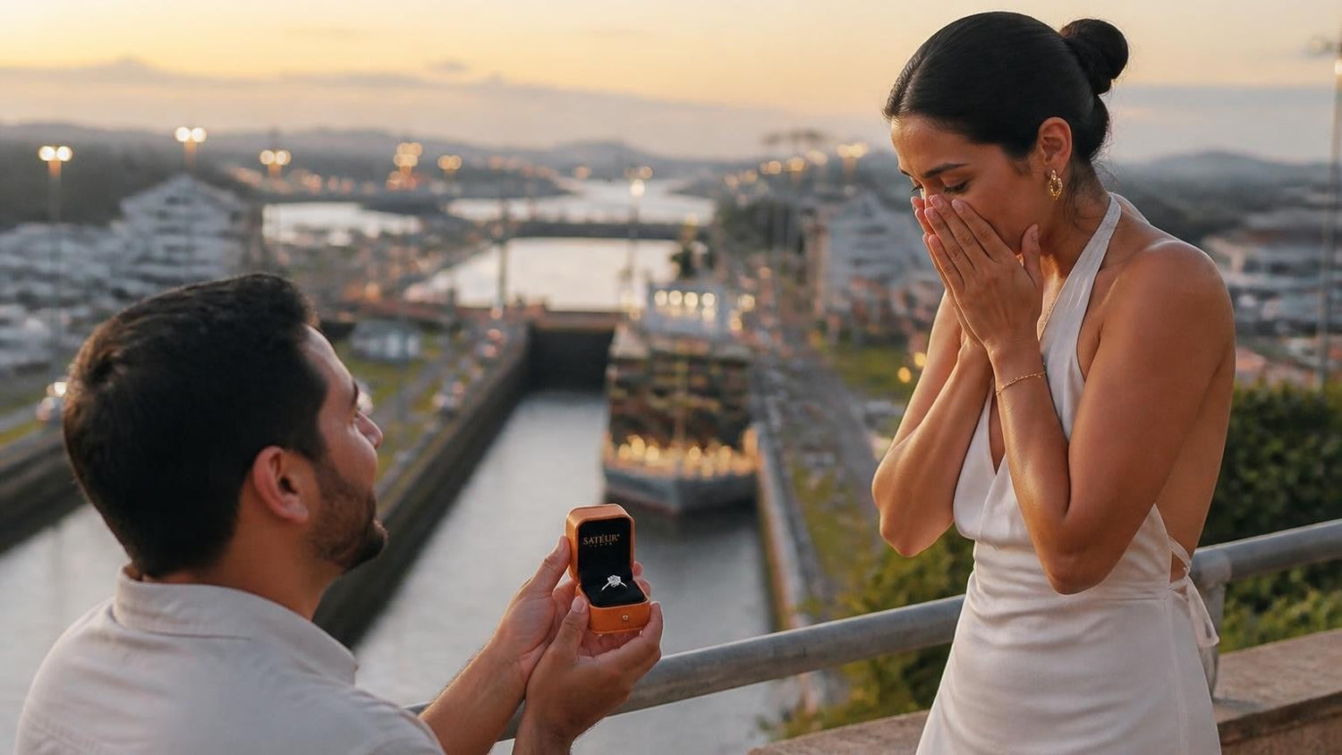 Marriage proposal in Panama with the Satéur Destinée Ring — sunset over the Casco Viejo skyline and Pacific bay