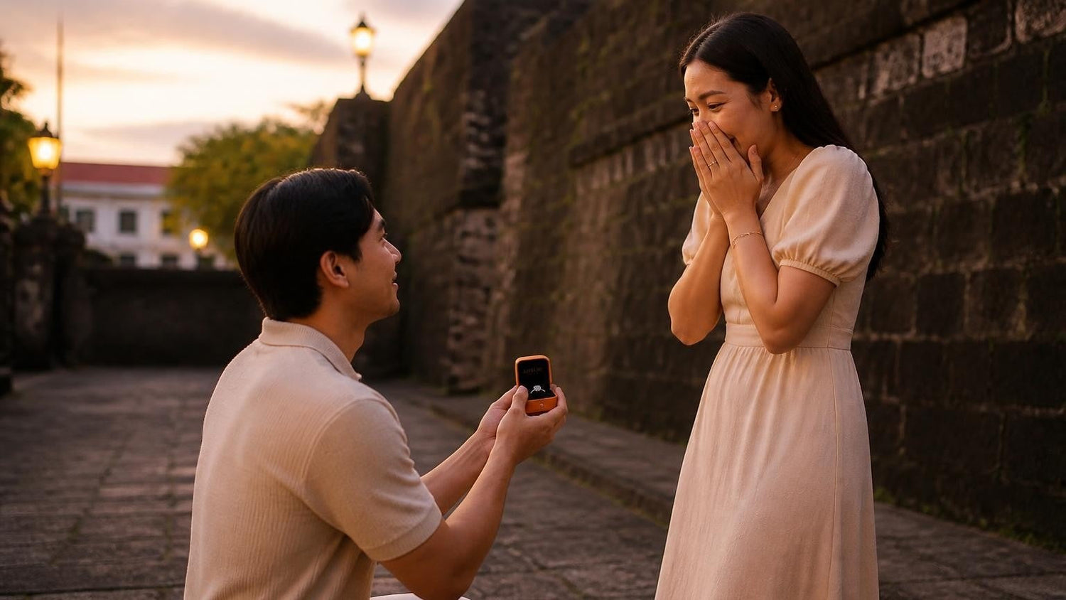Marriage proposal in the Philippines with the Satéur Destinée Ring — couple on a white-sand Boracay beach at sunset