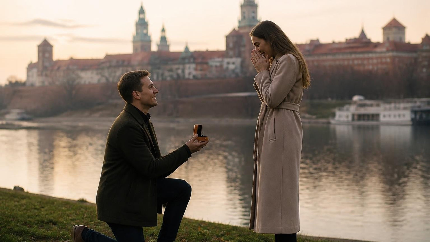 Marriage proposal in Poland with the Satéur Destinée Ring — Wawel Castle above the Vistula at sunrise