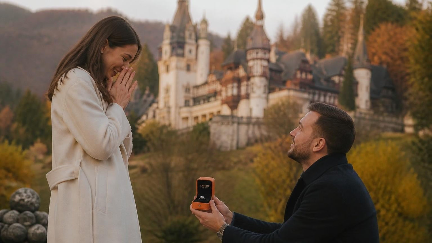 Marriage proposal in Romania with the Satéur Destinée Ring — Peles Castle in the autumn Carpathians