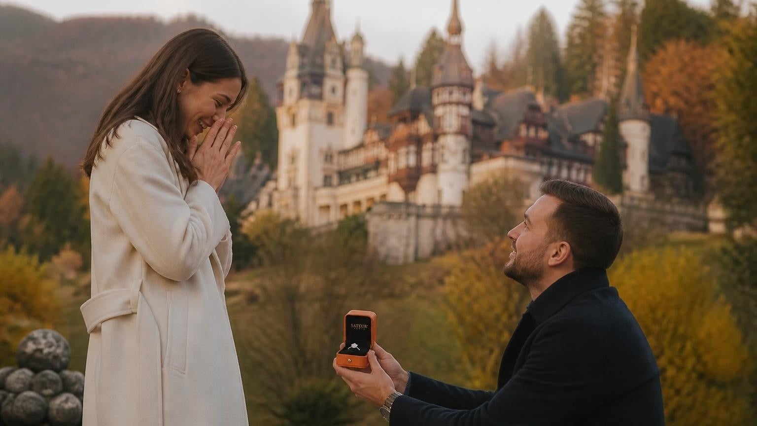 Marriage proposal in Romania with the Satéur Destinée Ring — Peles Castle in the autumn Carpathians