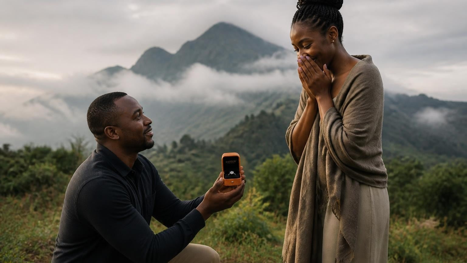 Marriage proposal in Rwanda with the Satéur Destinée Ring — Lake Kivu shoreline at golden hour