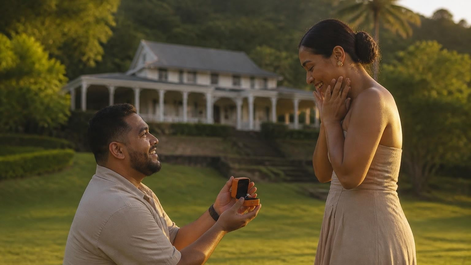 Marriage proposal in Samoa with the Satéur Destinée Ring — sunset on the South Pacific coast of Upolu